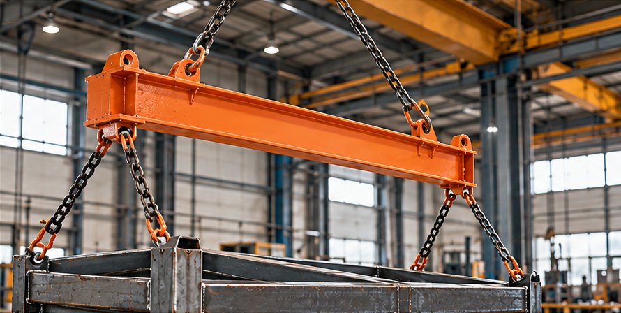 Palonnier orange levant un châssis dans un atelier